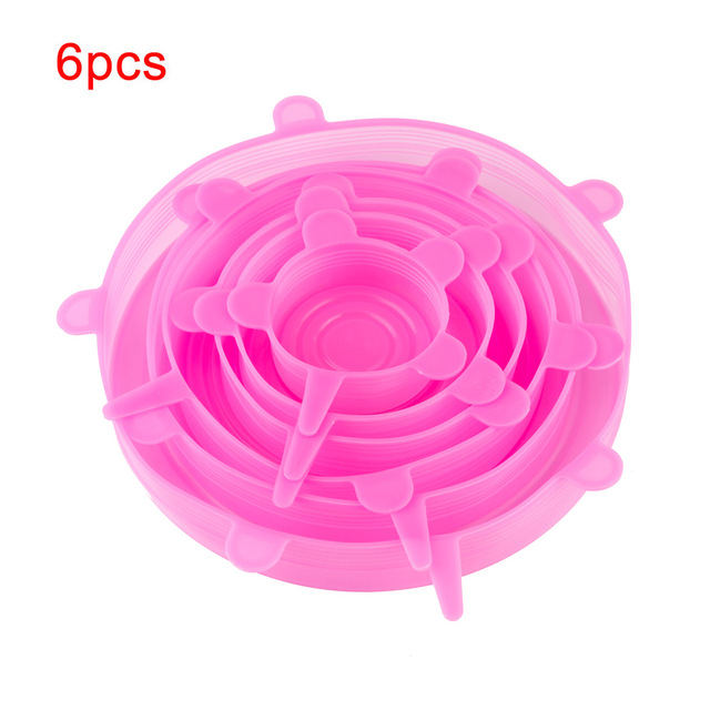 6 Pcs Herbruikbare Voedsel Verpakking Cover Silicon Food Fresh-Houden Afdichting Cap Vacuüm Stretch Siliconen Deksels Keuken Siliconen Cover: Pink