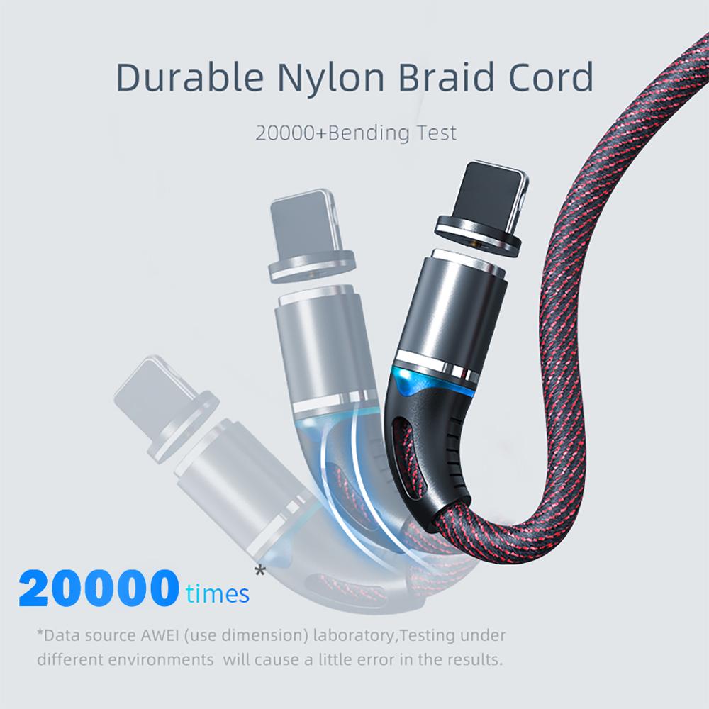 Awei led magnetische kabel 3 in 1 oplaadkabel snel 360 graden type c usb-kabel micro usb magnetische oplader snel voor mobiele telefoon