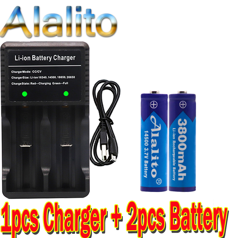 Original 14500 battery 3.7V 3800mAh Rechargeable Li-ion Batteries For Flashlight + EU US Battery Charger: White