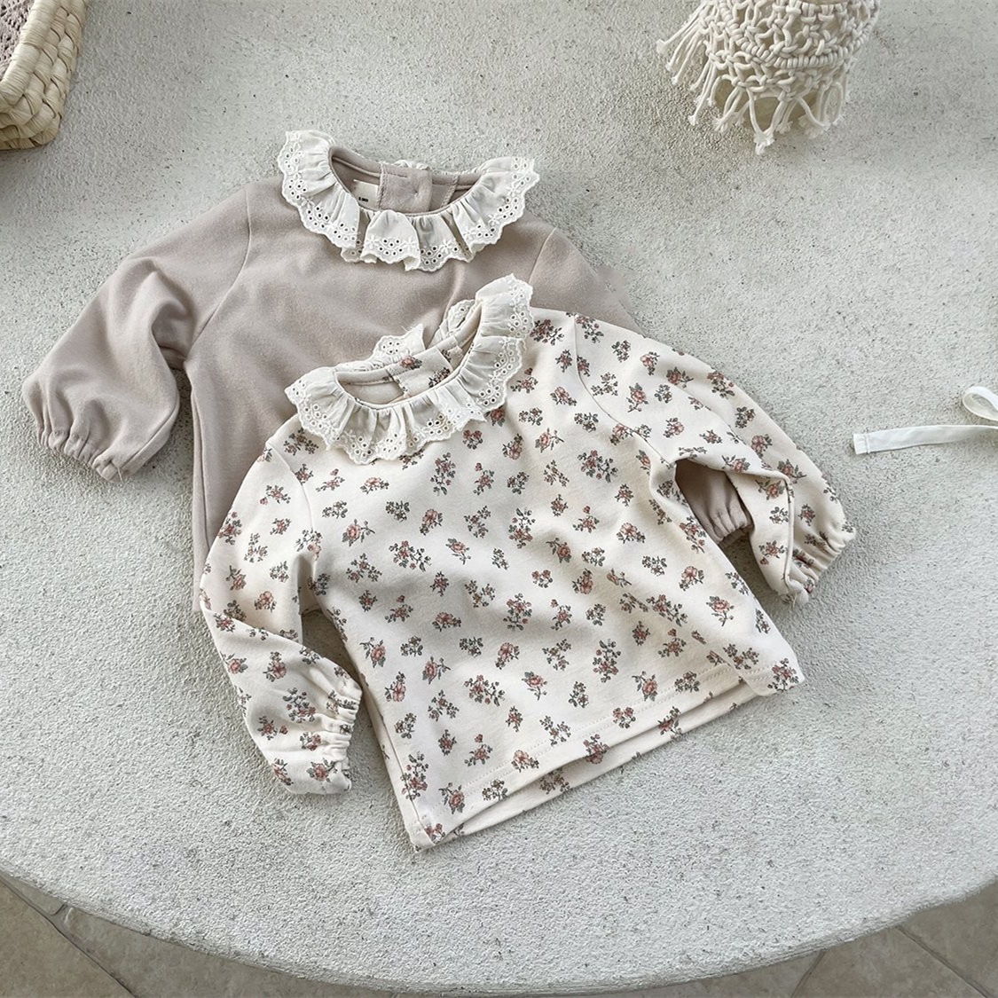 2022 Lente Herfst Baby Meisje Lange Mouw T-shirt Ruches Kanten Kraag Meisjes Blouse Baby Bloemen Dieptepunt Shirts Katoen tops