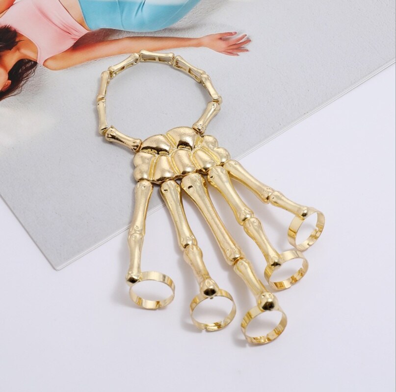Gothic-stil für #39 : elastisches, verstellbares armband mit skeletthand-motiv – punk-halloween-schmuck: Gold