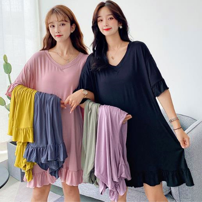 Koreaanse Zoete Losse Nachtjapon Vrouwelijke Plus Size Nachtkleding Modal Katoen Nachtjapon Vrouwen Vet Mm Sexy V-hals Ruche Night Jurk
