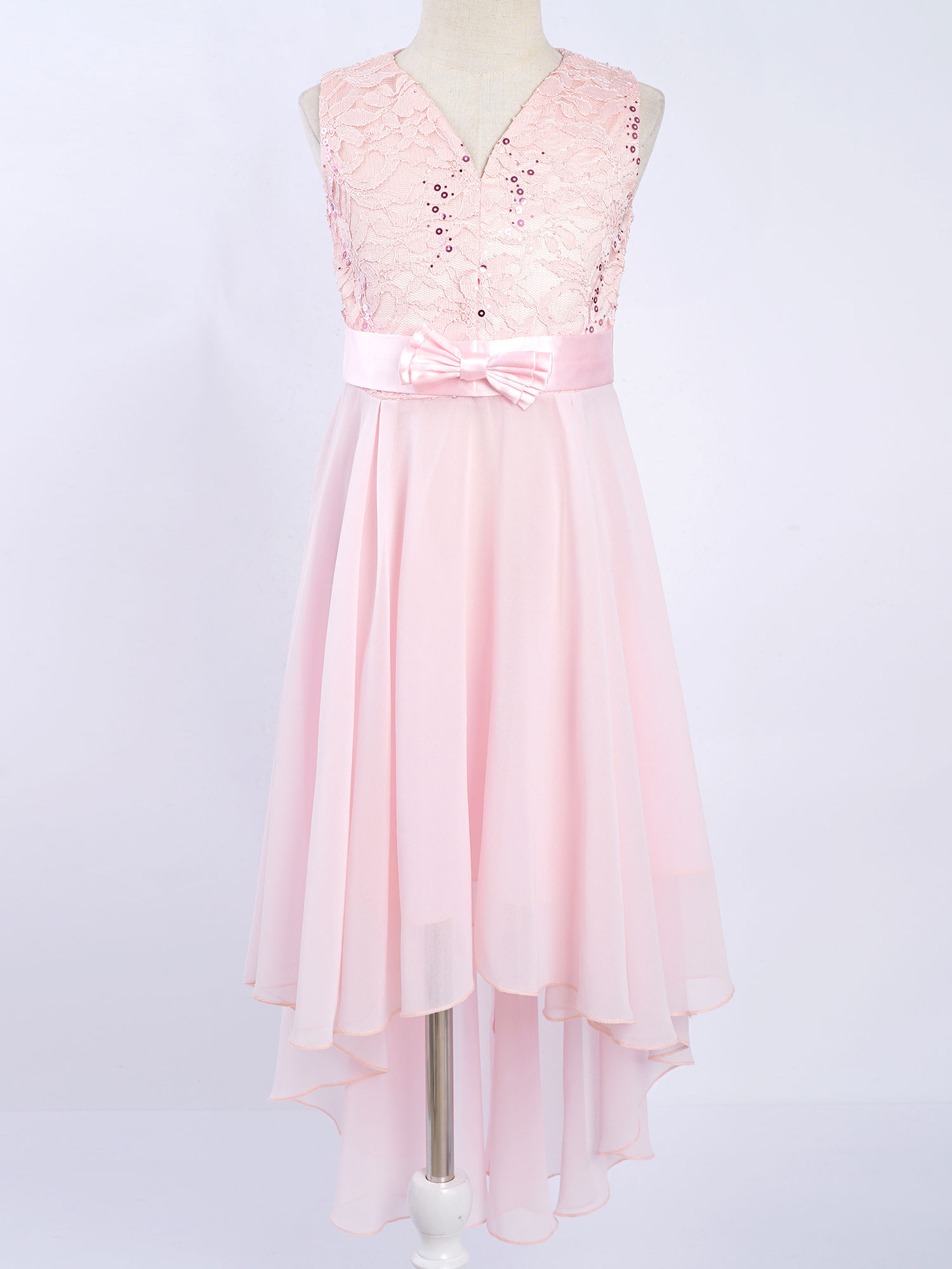 Kids Girls Solid Pink Chiffon Dress Sleeveless Princess Style V-neck Bowknot High-Low Hem Party Dress for Weddings Performance