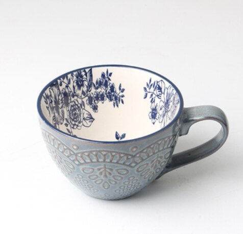 Retro Porcelain Tea Mug Ceramic Hand Painted Office Coffee Tea Mug Embossed Personality Coffee Milk Mug Drinkware Supplies: L