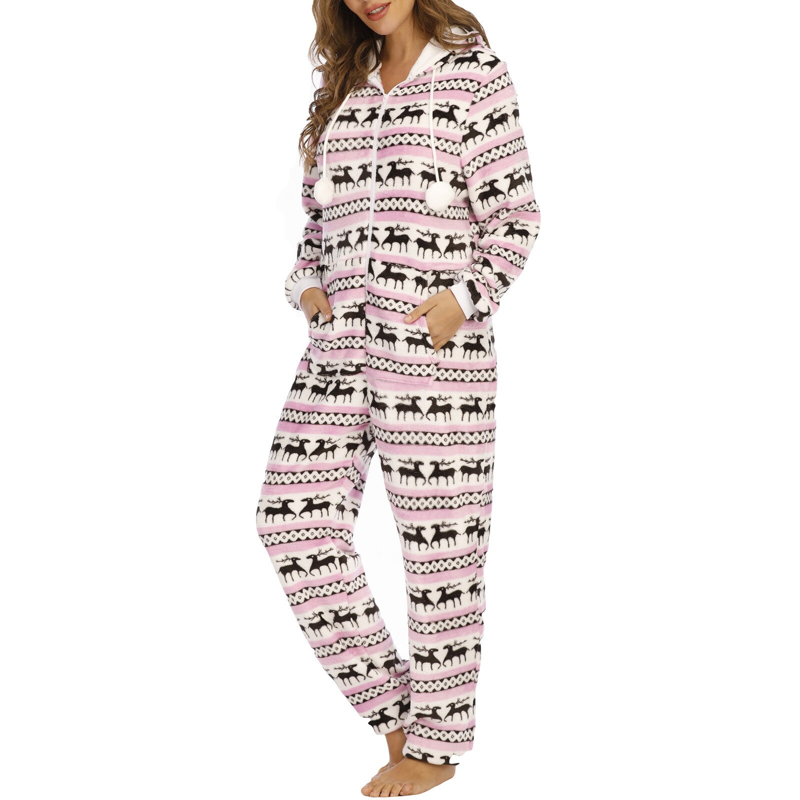 Pyjamas d'impression de noël femmes mignon body vêtements de nuit automne hiver flanelle polaire combinaison chaude vêtements de maison pour les femmes vêtements de nuit: Light Pink / M