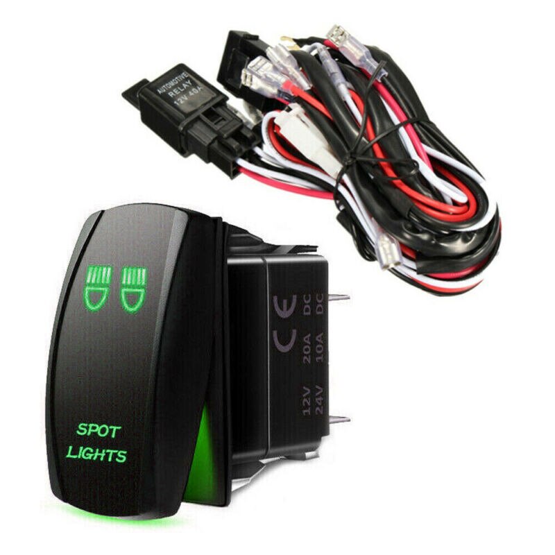 Wiring Harness Kit Green LED Work Light Bar Toggle Rocker Switch 40A Relay Wiring Harness Kit 12V 5 Pin LED Rocker Switch: Spot Light