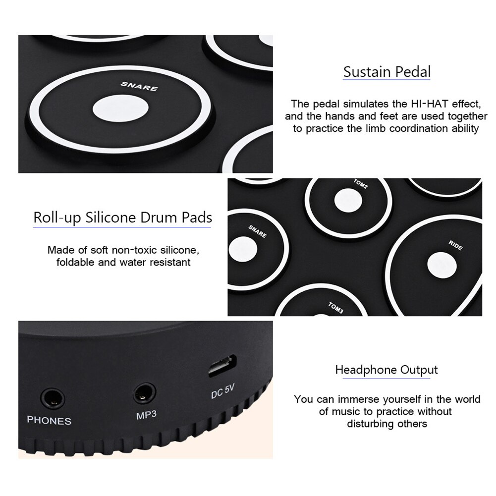 USB Roll-Up Silicon Drum Set Digital Electronic Drum Kit with Drumsticks Foot Pedals 9 Drum Pads for Beginners Digital Drums