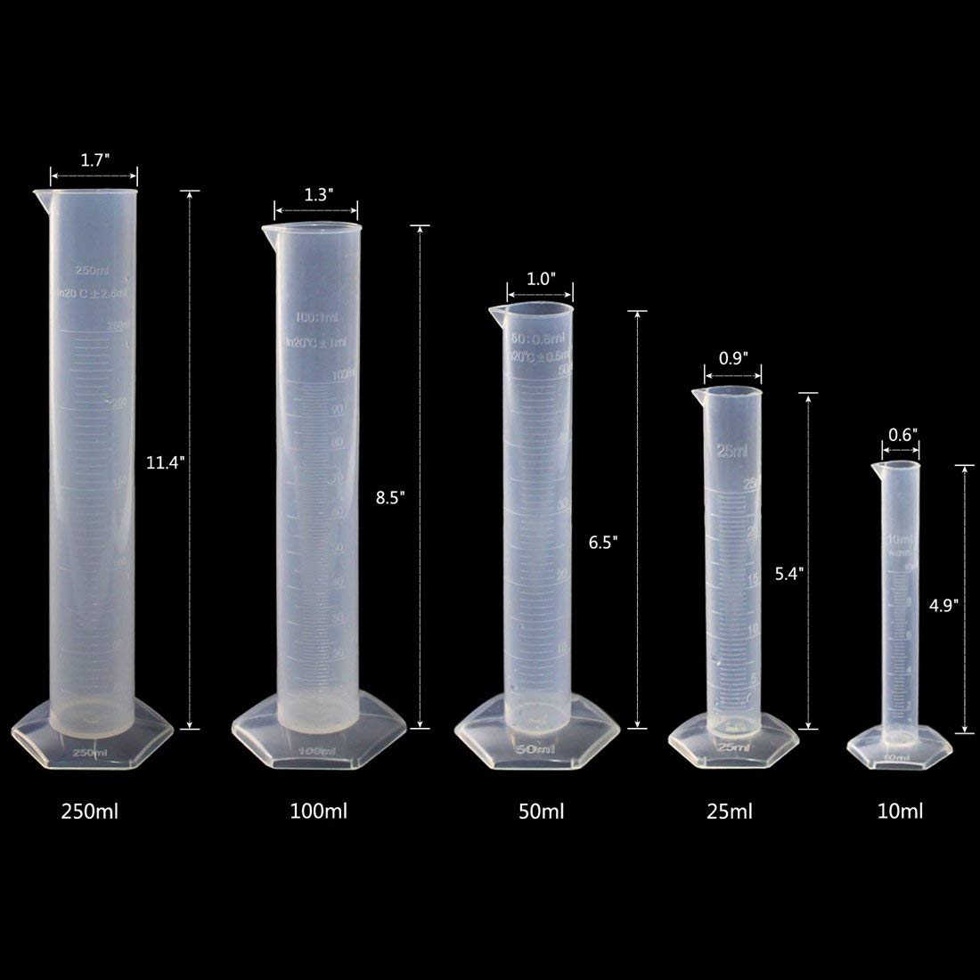 5 Pcs Clear Plastic Graduated Cylinder, 10, 25, 50, 100, 250ml, with 2 Plastic Beakers and 1 Cylinder Brush