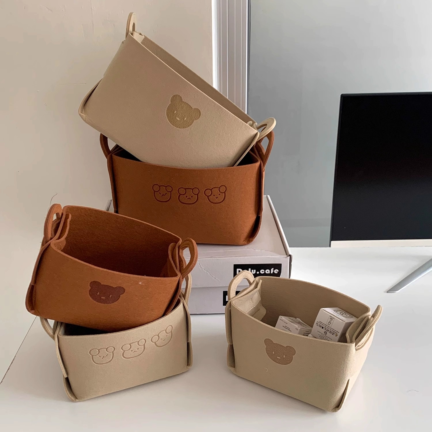 Cesta de almacenamiento de fieltro de oso de gran capacidad, 5 piezas, organizador de ropa plegable, aperitivos, juguetes, organizador de artículos diversos de escritorio