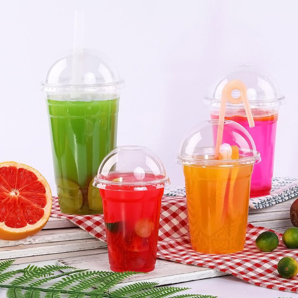 50pcs Disposable Transparent Cup Cups Cold Drinks Takeaway Packaging (with Dome Lid)