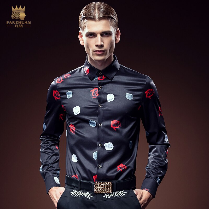 Chemise slim décontractée pour homme, non repassable, à la , avec impression de Rose, de personnalité européenne, automne 2093,