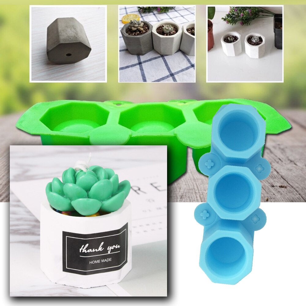 Molde para maceta de hormigón poligonal redondo geométrico de 3 agujeros, moldes de cemento para decoración de velas de aromaterapia de silicona