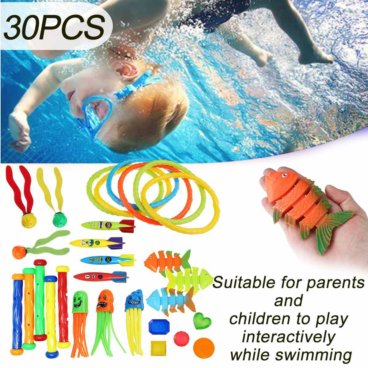 Summer Playing Swimming Pool Toys Underwater Throwing Diving Fish Sticks Beach Toy Water Sports Game Toy For Children Rings: 30PCS