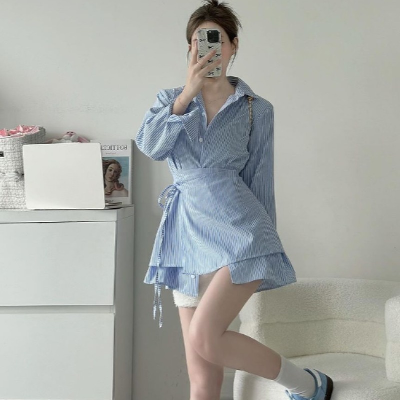 Streifenhemden und Blusen, langärmelig, 2025, Damen-Blusas, einreihig, Camisas, Revers, Ropa Mujer, Frühling, Sommer, Spitzen mit Schürze