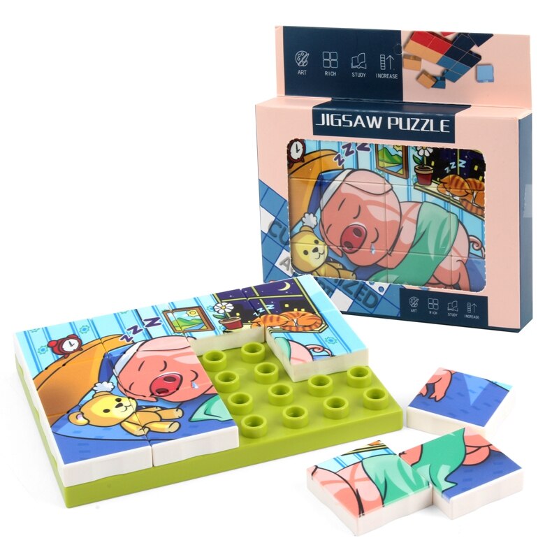 12Pcs 3D Jigsaw Cubes Puzzlesd Dier Plastic Bouwsteen Diy Embled Combinatie Puzzel Speelgoed
