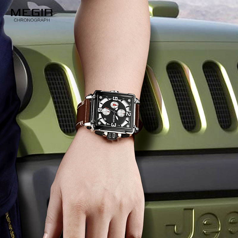 Megir herre firkantede quartz armbåndsur ur militær sports casual kronograf stopur læder relogios maskuline 2061 brun