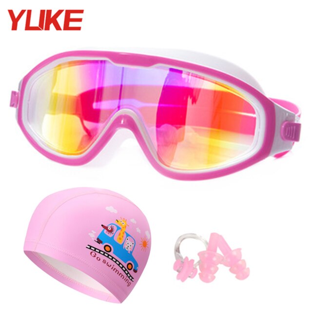 Yuke Waterproof Silicone Kids Swim Goggles for Children swimming glasses with Earplug Nose Clip Swim cap bag Set pool Eyewear: pink