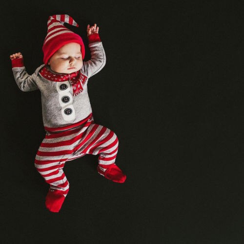 Herfst 2 stks Baby Jongen Meisje Kerst Santa Streep Lange Mouwen Footies Jumpsuit En Hoed Casual Outfit Kleding set