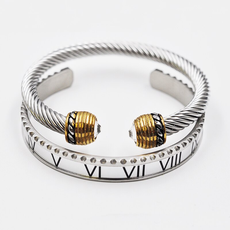 Outdoor Black Roman Numeral Bracelet Men's Cable Wire Rope Bracelet Stainless Steel Men Bangles Punk Street Jewelry Accessories: Set Gold  White