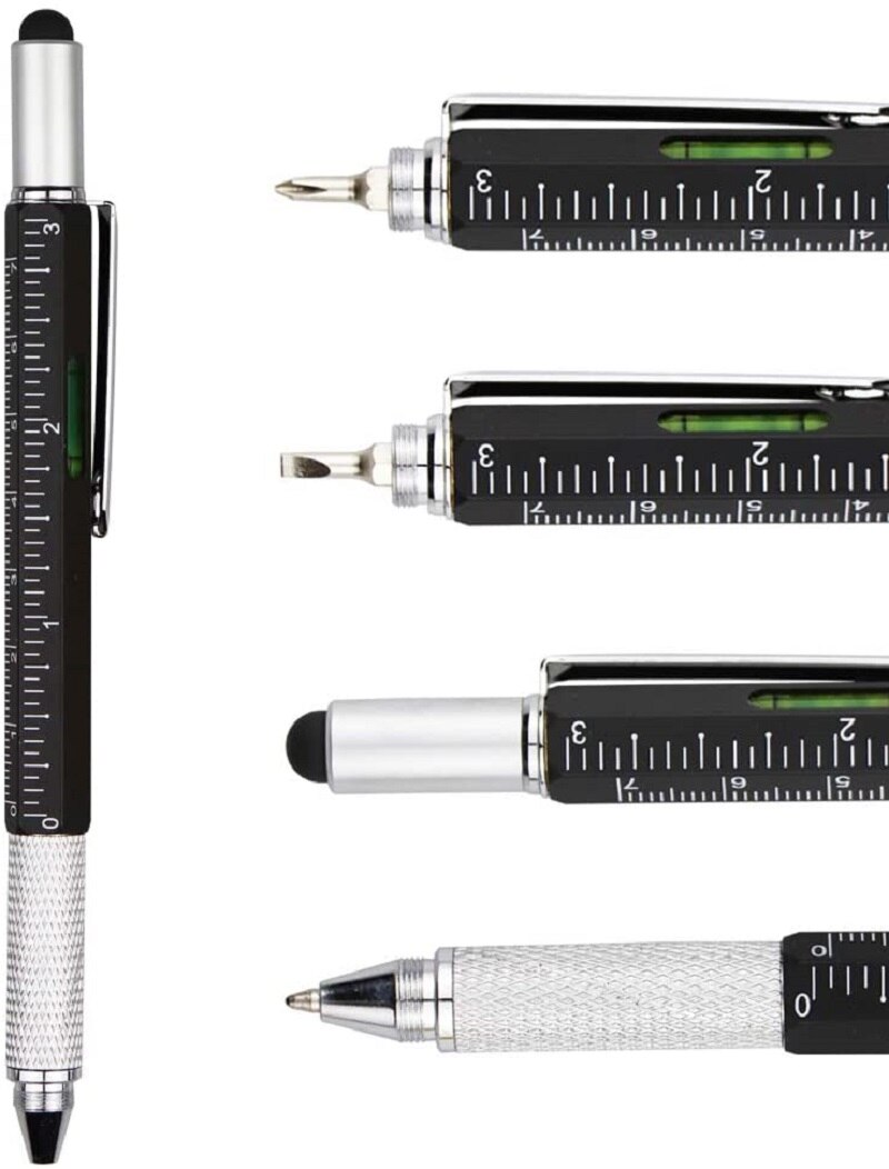 Multi Tool Pen 6 In 1 Metal Tech Pen With Ruler Level Screwdriver Condenser Tip Refillable Bubble Level and Ruler Ballpoint pen: Black