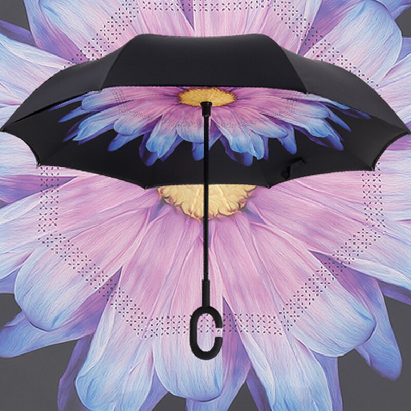 Parapluie pliant inversé de marguerite pourpre pour la Protection de pluie coupe-vent de preuve UV de Double couche c-crochet mains pour la voiture extérieure