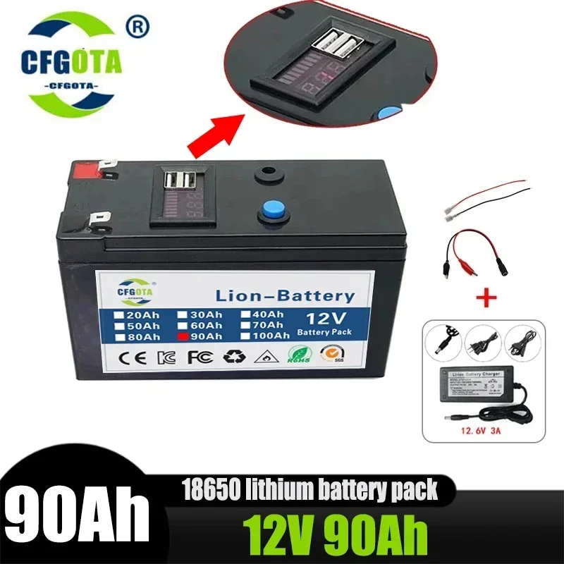 Batterie Li-ion 18650 12V 90Ah, BMS intégré, pour pulvérisateur, véhicule électrique, lampe LED, Batterie Lithium haute capacité