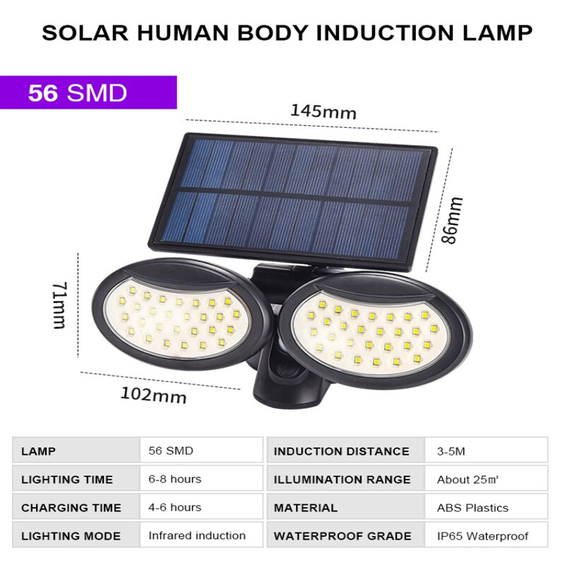5.5V Wireless Wall Mounted Solar Lights Outdoor Motion Sensor Rechargeable Security Lights Flood LED Courtyard Garden Lamp: 56LED