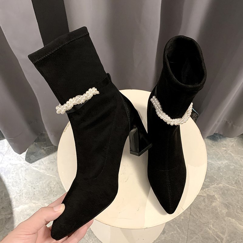 Herfst winter dames retro hoge hakken dames dikke hak mid-tube puntige parel antislip dames laarzen