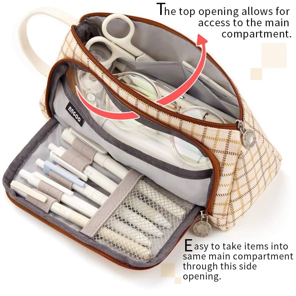 Angoo Special Grid Pen Pencil Case, Multi Slot Plaid Storage Bag, Big Organizer for Students Art Tool Kits