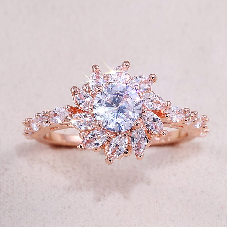 Huitan romântico planta agitando neve flor anéis de noivado rosa ouro farouche sonho proposta anéis atacado feminino gadget anel