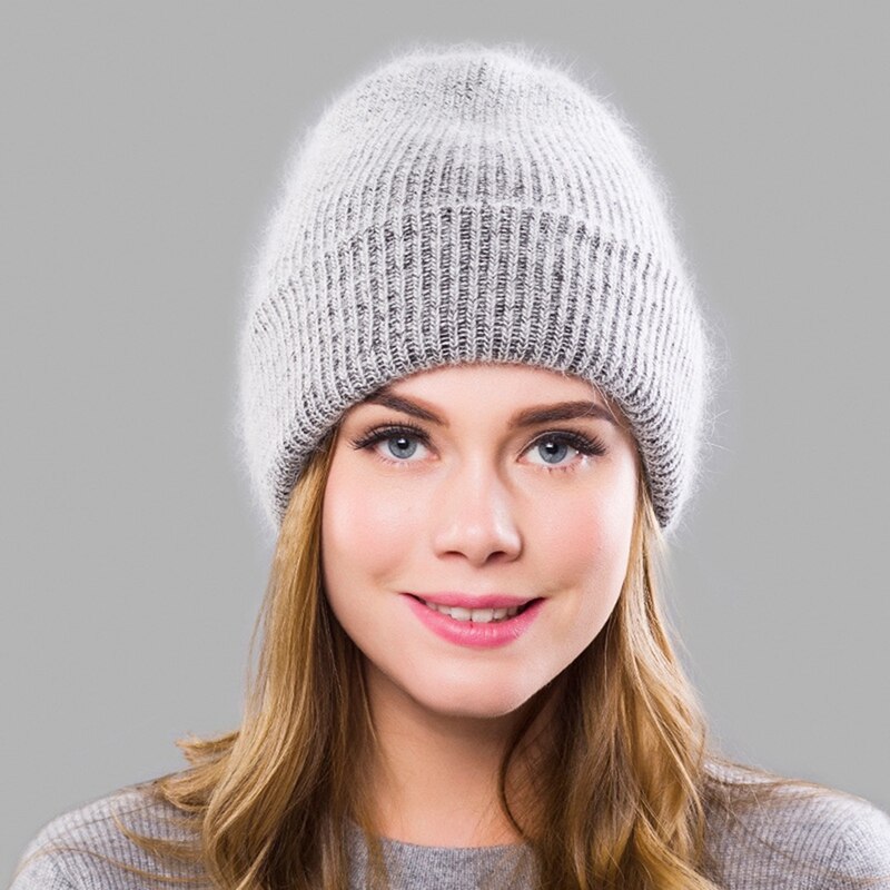 Vinter kvinders angola uld strikket hat varm uld beanie udendørs sport toppede cap uld cap: Grå
