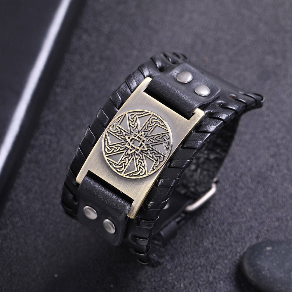Skyrim-pulsera de cuero eslava para hombre, anís estrellado, amuleto redondo cerrado, pulsera ancha trenzada, brazalete Vikingo, joyería Vintage