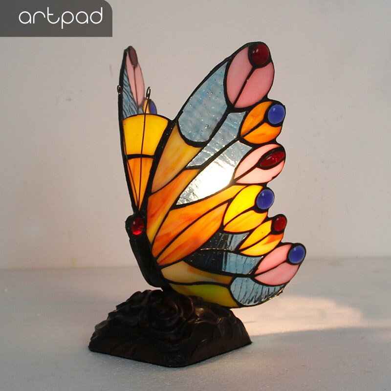 Artpad Stained Glass Tiffany Vlinder Lampen Met Us/Eu Plug In E27 Slaapkamer Bed Led Vlinder Licht Voor Tafel night Armaturen