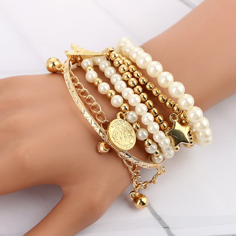 Charm Partij Sieraden 6 Stks/set Mode Goud Kleur Kralen Parel Ster Multilayer Kralen Armbanden Set Voor Vrouwen: Gold