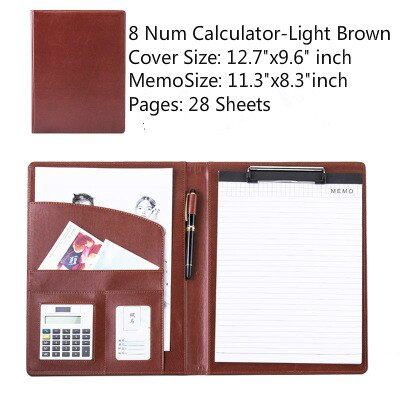 Étui de rangement A4 en cuir PU Business Padfolio, classeur Vintage Business Manager, dossier de bureau avec calculatrice: 8 Num Light Brown B
