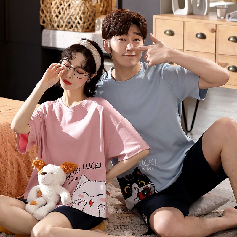 Couple's Pajamas Set Summer Cotton Leisure Cartoon Giraffe Cute Women's Sleepwear Plus Size Short Sleeve Men And Women Homewear: women / M