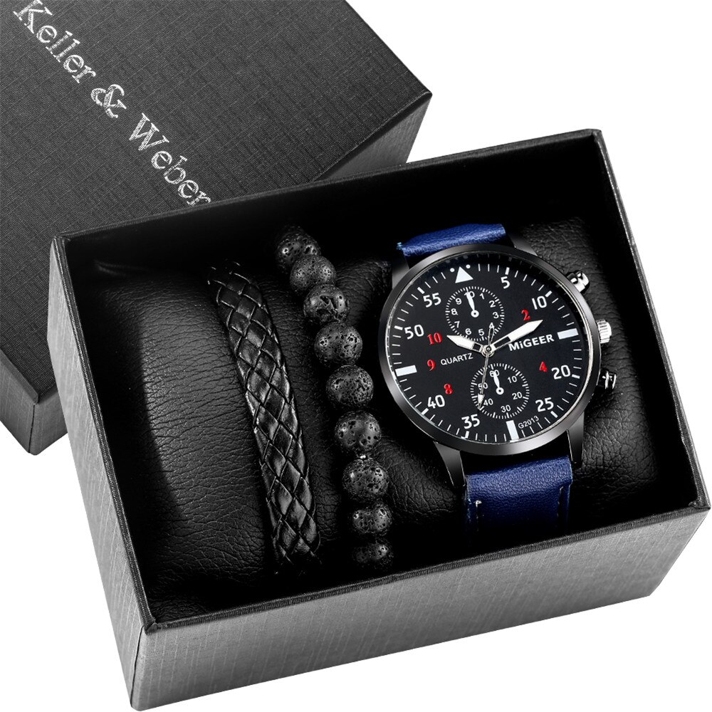 Reloj de pulsera de cuero de cuarzo para hombre y mujer, Set de 3 piezas con caja de , pulseras de , de cumpleaños para Hijo/marido/amigos: Watch Gift Set 035