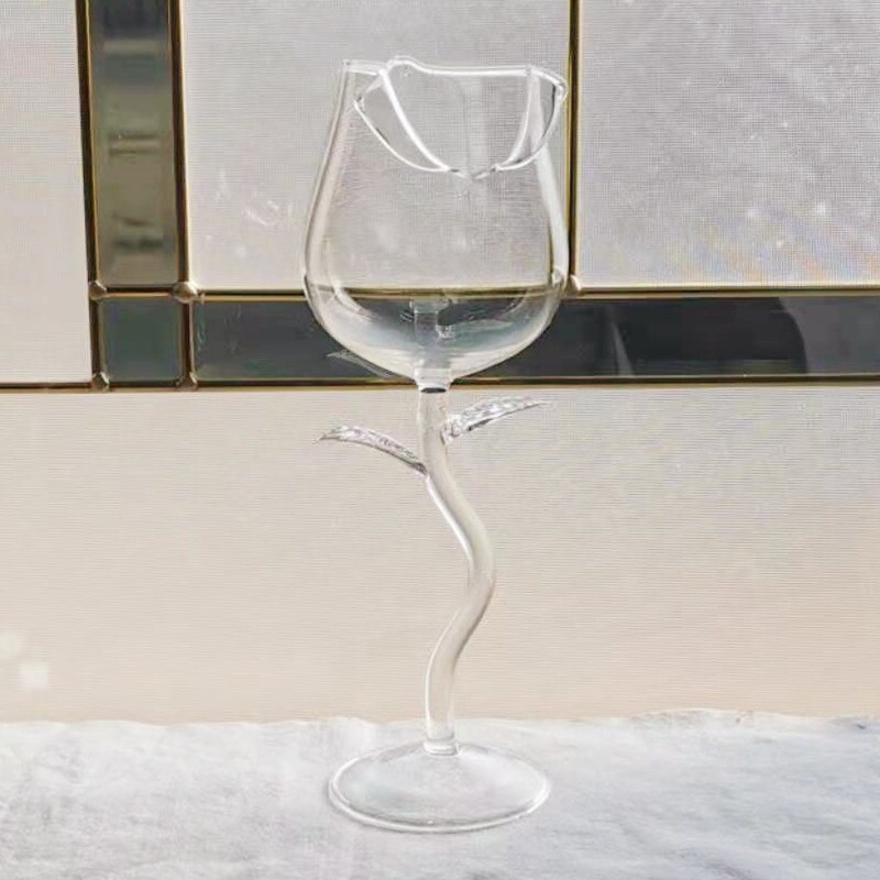 High Rose Shape Goblet Transparent Pink Rose with Leaves Wine Champagne Glasses Romantic Water Cups: 140ml trans 1pc