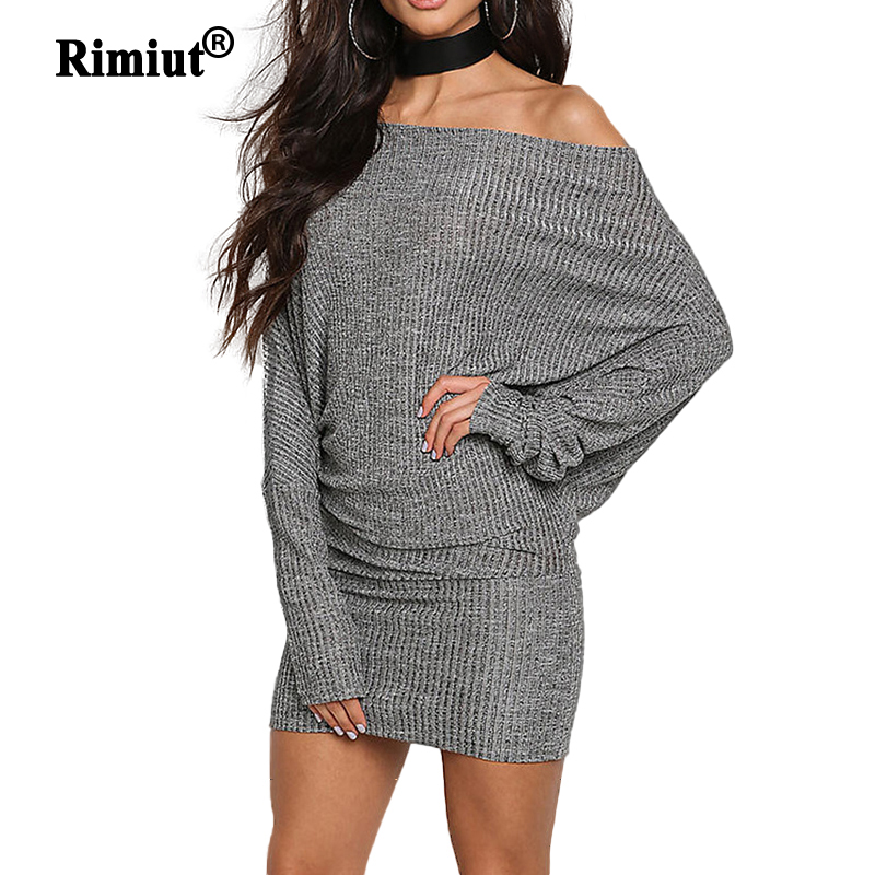 Rimiut Een Schouder Losse Gebreide Plus Size Vrouwen Jurken Herfst Winter Trui Jurken Mini hip jurk