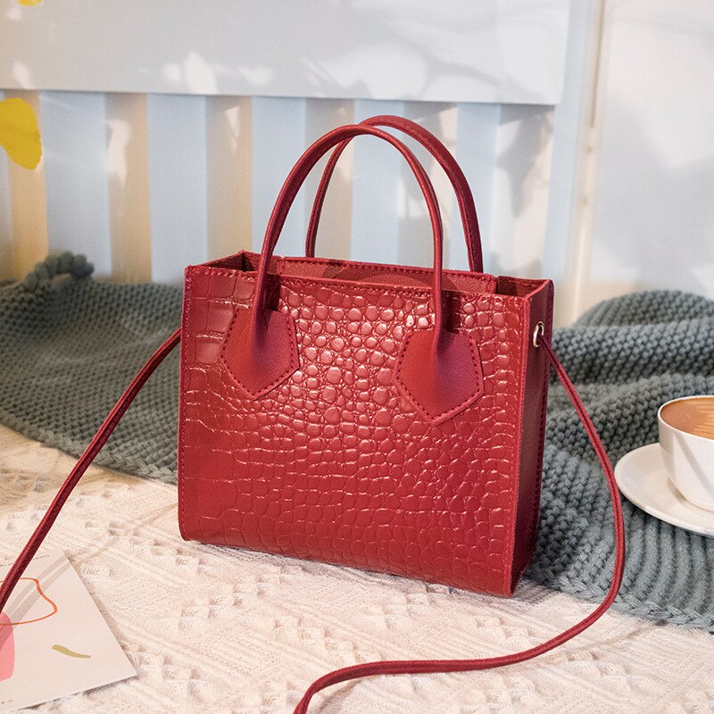 Krokodille crossbody håndvesker pu veske kvinner årgang klassisk fast skulderveske dame liten trend veske: Rød