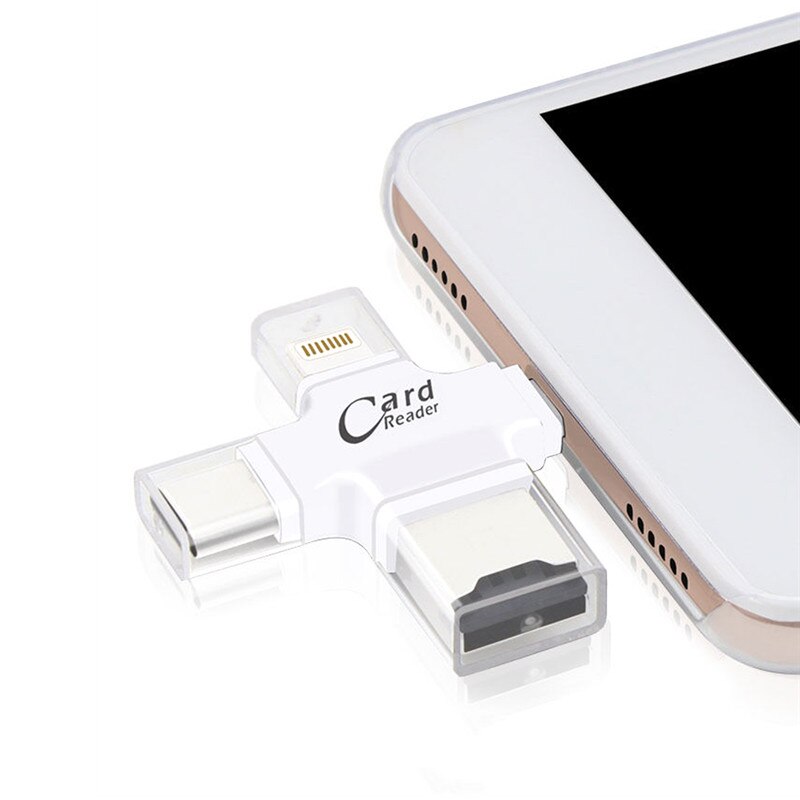 Leitor de cartão de memória 4 em 1, usb tipo c/lightning/micro usb 2.0 otg micro sd sdxc sdhc tf para ios/iphone android