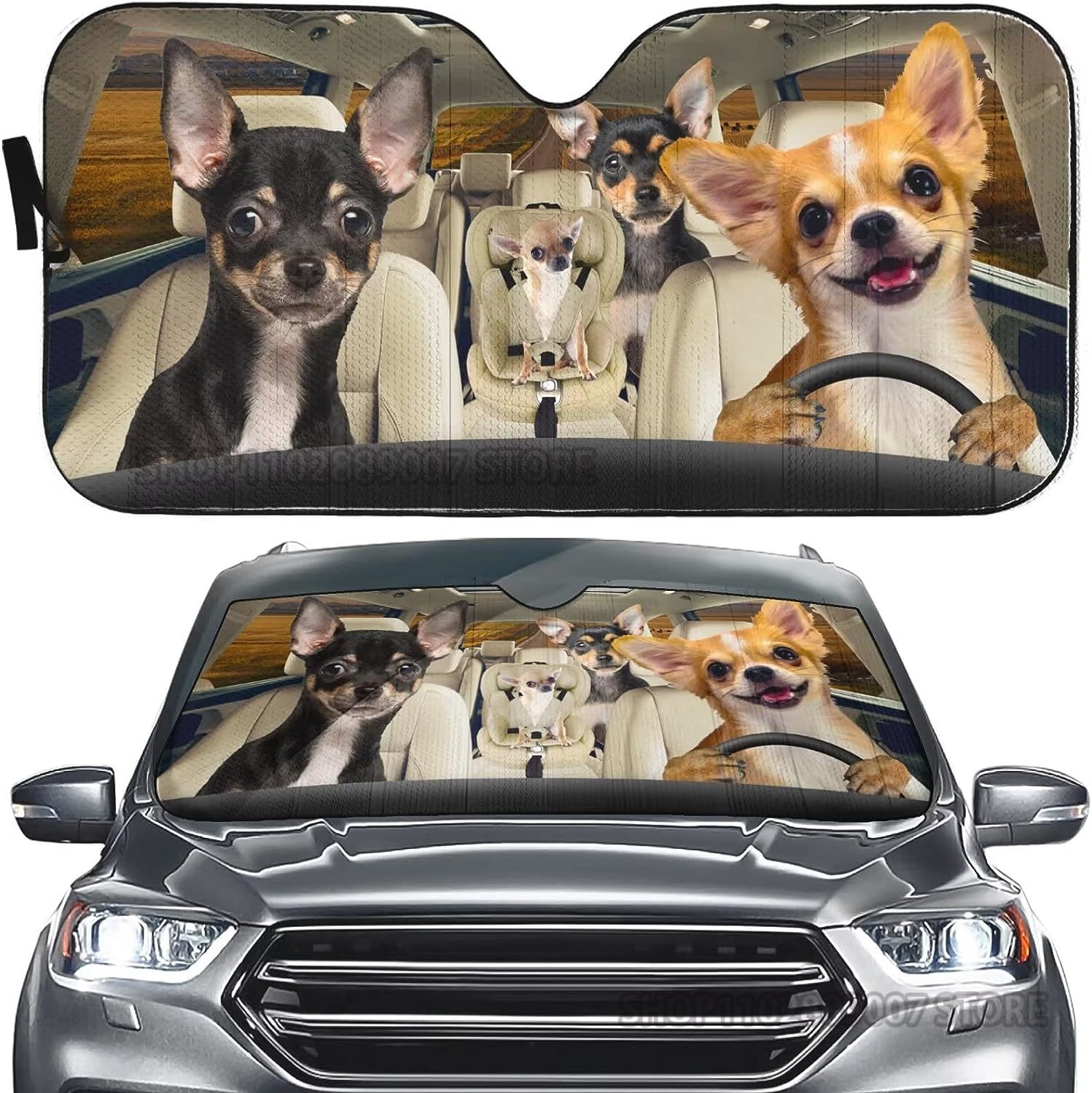 Chihuahua Auto Sun Shade Car Windshield Window Cover Cute Chihuahua Dog Family Sun Visor Protector Sunshade Animal Car Decor: Blue