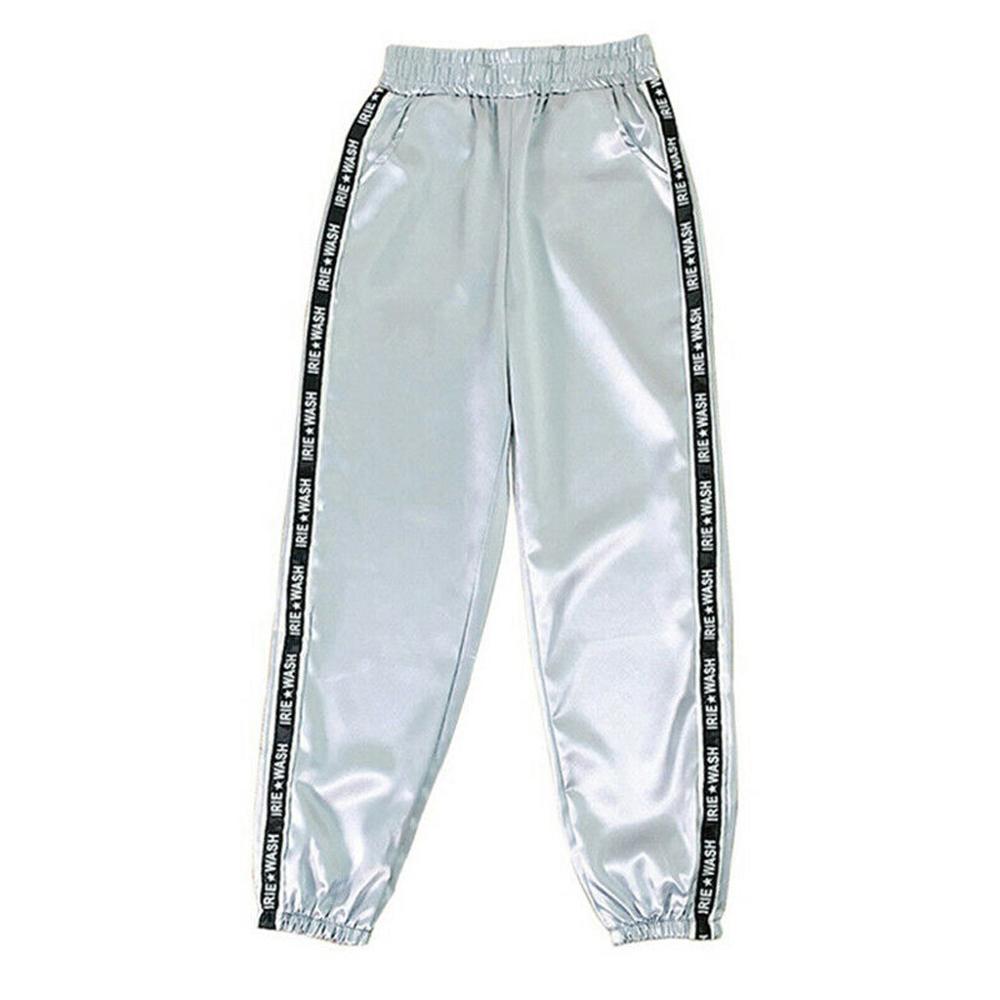 Women Baseball Pants Letter Pocket Elastic Waist Reflective Sport Ribbon Trousers Pants Sweatpants Streetwear: Gray / S