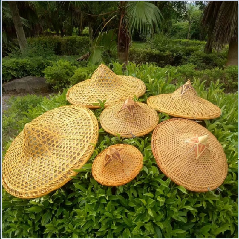 Bambus vævet rotting hat dans tårn rekvisitter turisme solskærm regn fiskeri kasket bambus lampeskærm dekorative halm spand hat