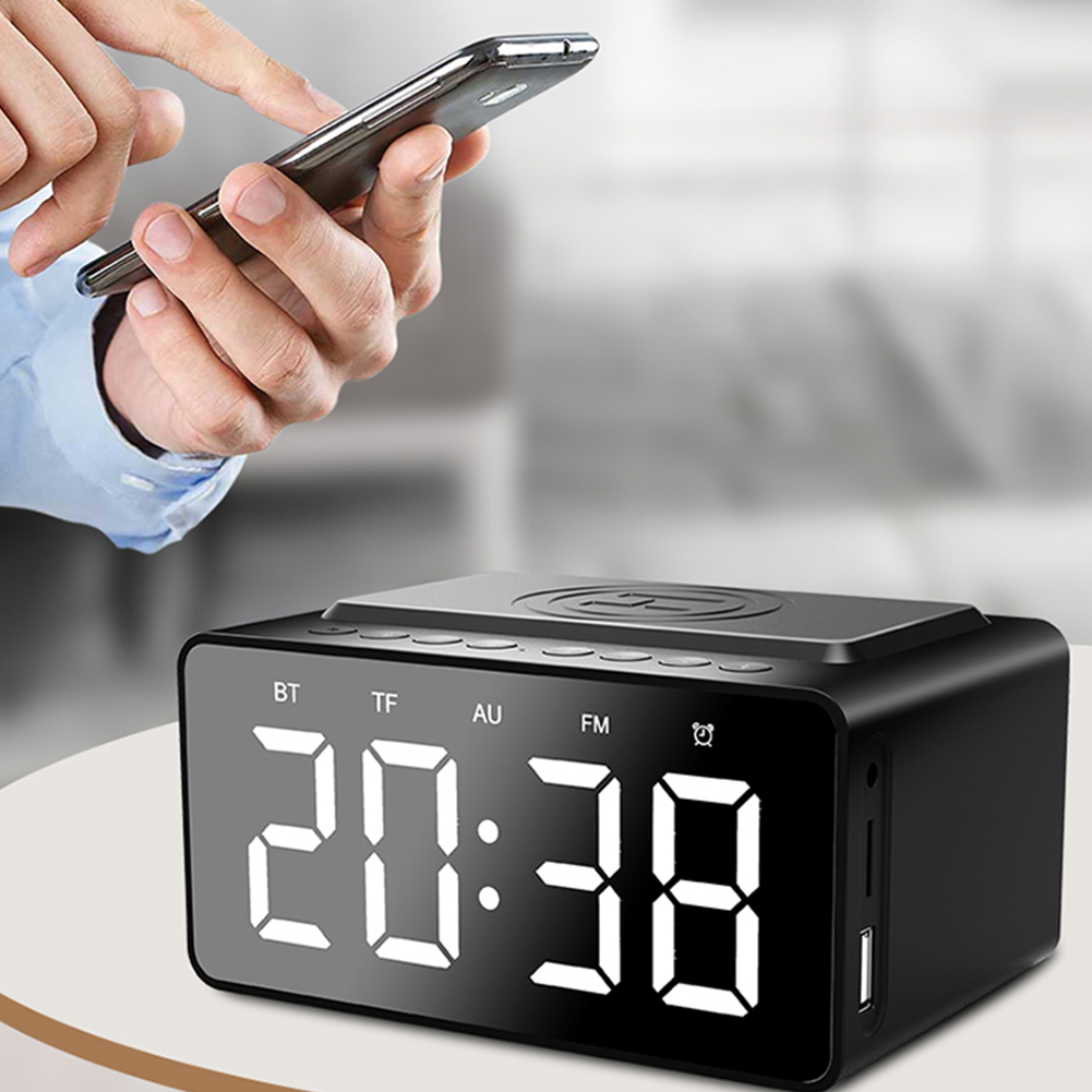 LED Display Non Ticking Wireless Charging Stereo Bedroom Multifunctional AUX Input Digital Alarm Clock Desktop Bluetooth Speaker