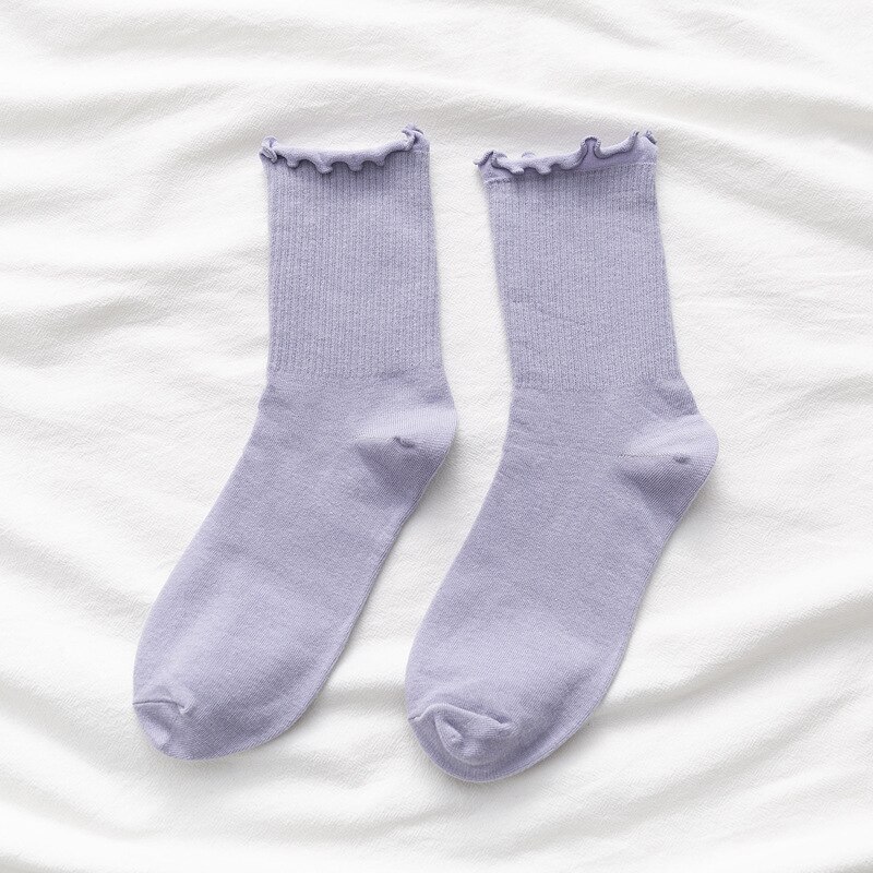 White Socks Women Kawaii Cute Frilly Ruffle Socks Summer Cotton Breathable Korean Japanese Candy Color Crew Socks Female: Purple