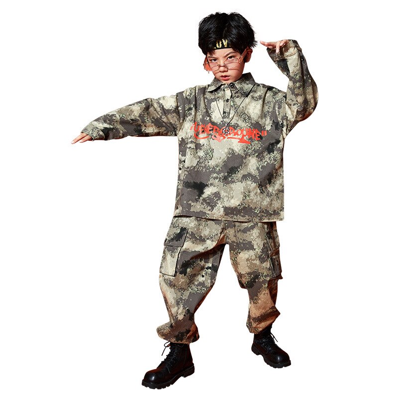 Ropa de de Hip Hop para niños, camisa de gran tamaño, parte de arriba, ropa informal de camuflaje, pantalones de camuflaje tácticos para niñas, traje de baile de Jazz: 120