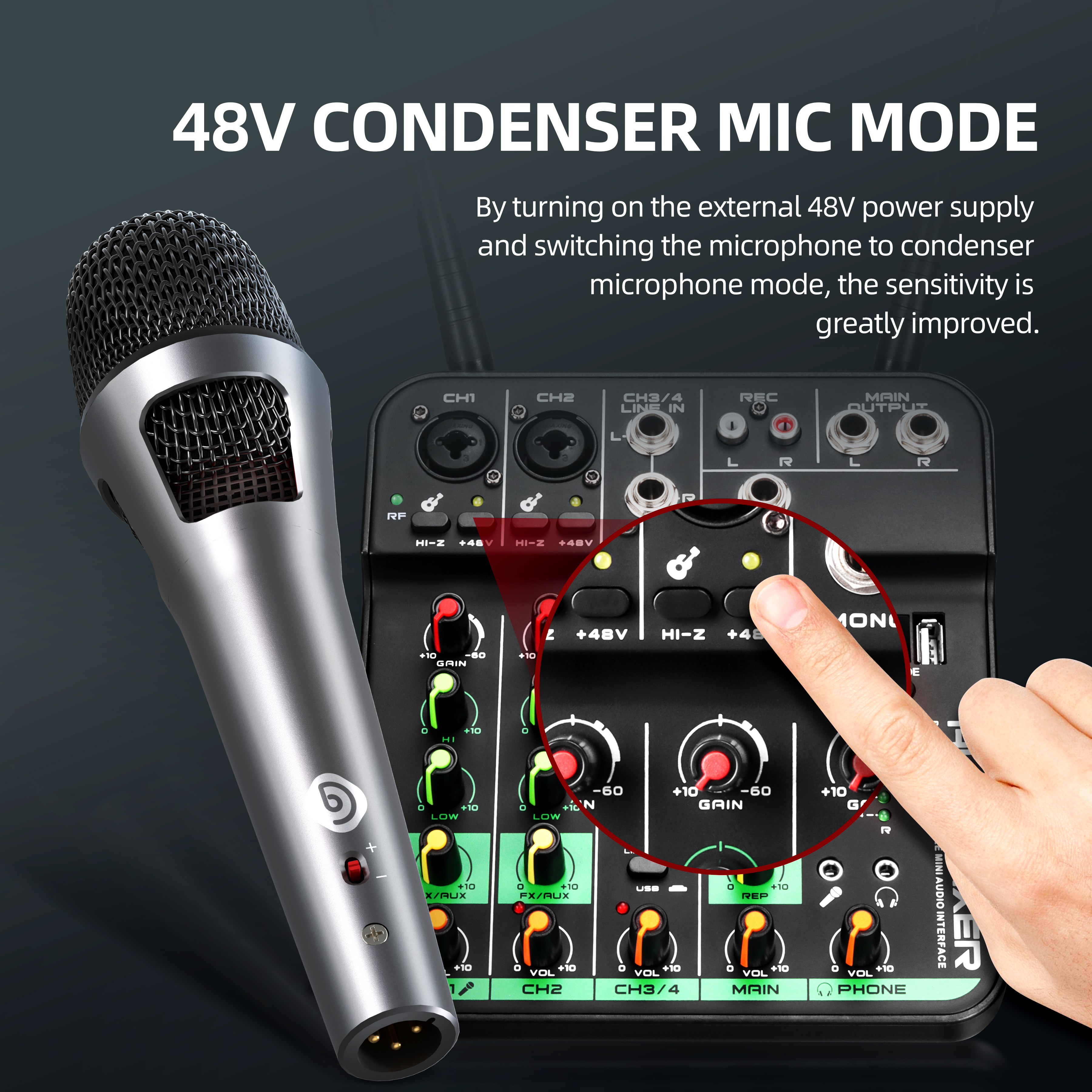 IKGE Wired Dynamic Microphone with Dual Pickups Wired Microphone with Gain Switch for Stage, Orchestra DB-707