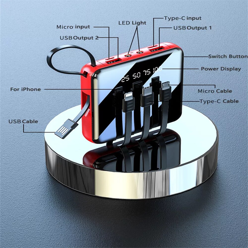 20000Mah Mini Power Bank Met Digitale Display Draagbare Oplader Ingebouwde 4 Kabels Power Bank Externe Batterij Powerbank