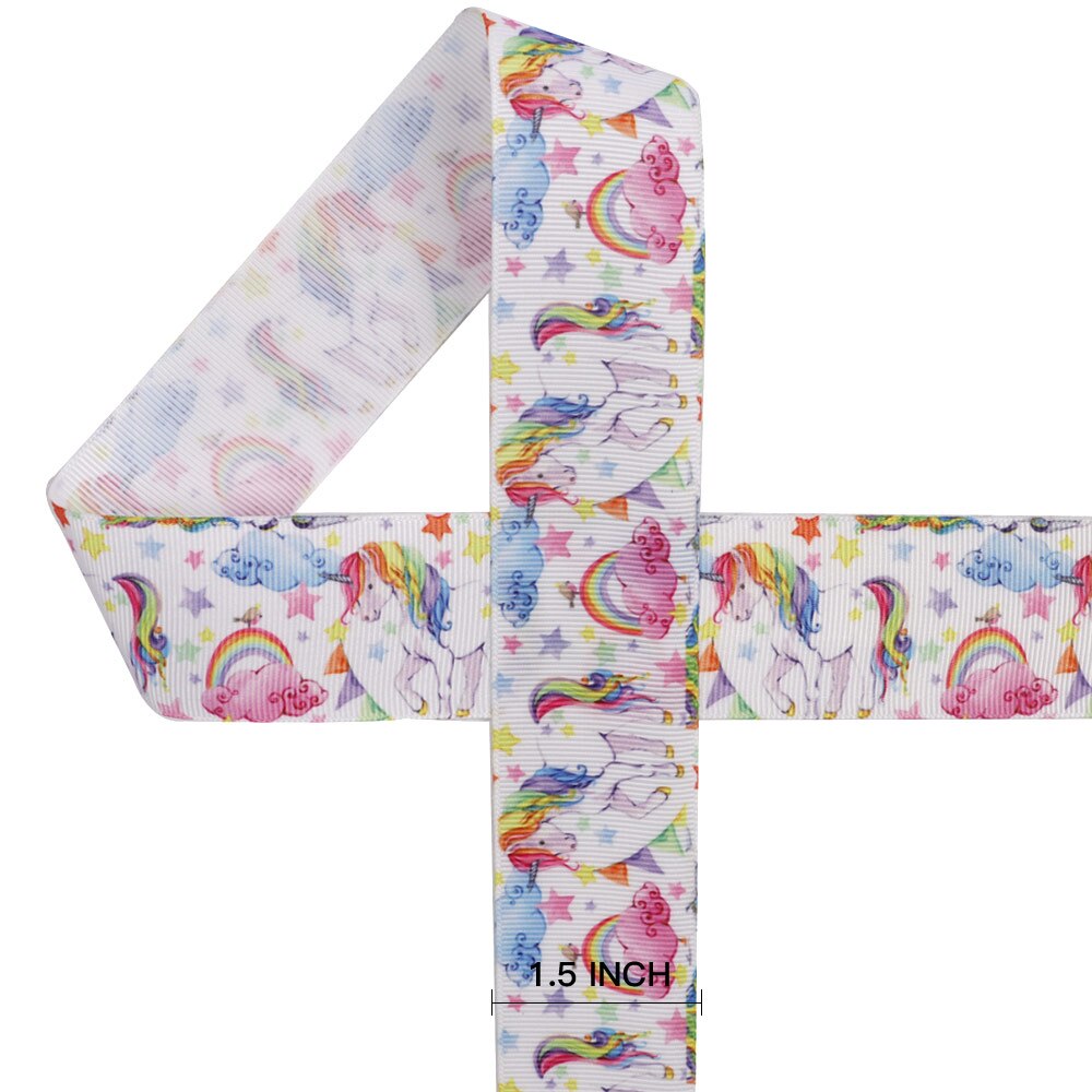 IBOWS 38mm Cartoon Grosgrain Band Regnbåge Enhörning Tryckt Band DIY Håraccessoarer Förpackning Festdekoration 5yards